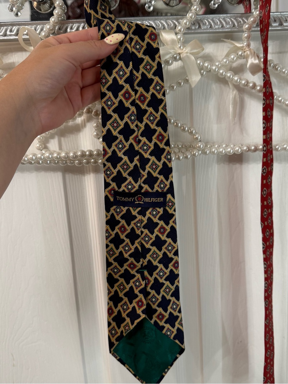 Vintage Signature Tommy Hilfiger Black Tie with Gold and Red Geometric Motif